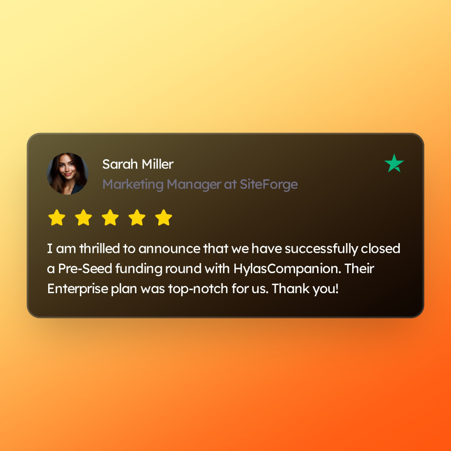 Trustpilot review from Sarah Miller, Marketing Manager at SiteForge, applauding our marketing support and effective solutions.