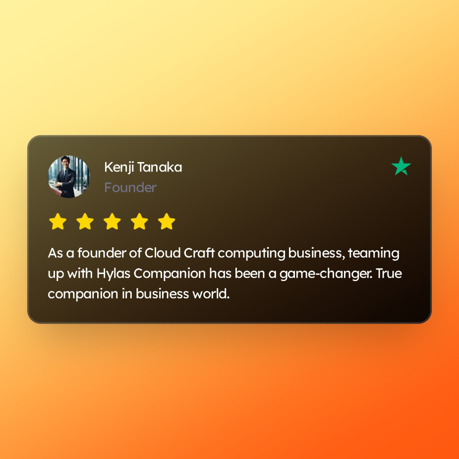 Trustpilot review from Kenji Tanaka, Founder of Cloud Craft Computing, highlighting outstanding cloud services and exceptional customer support.